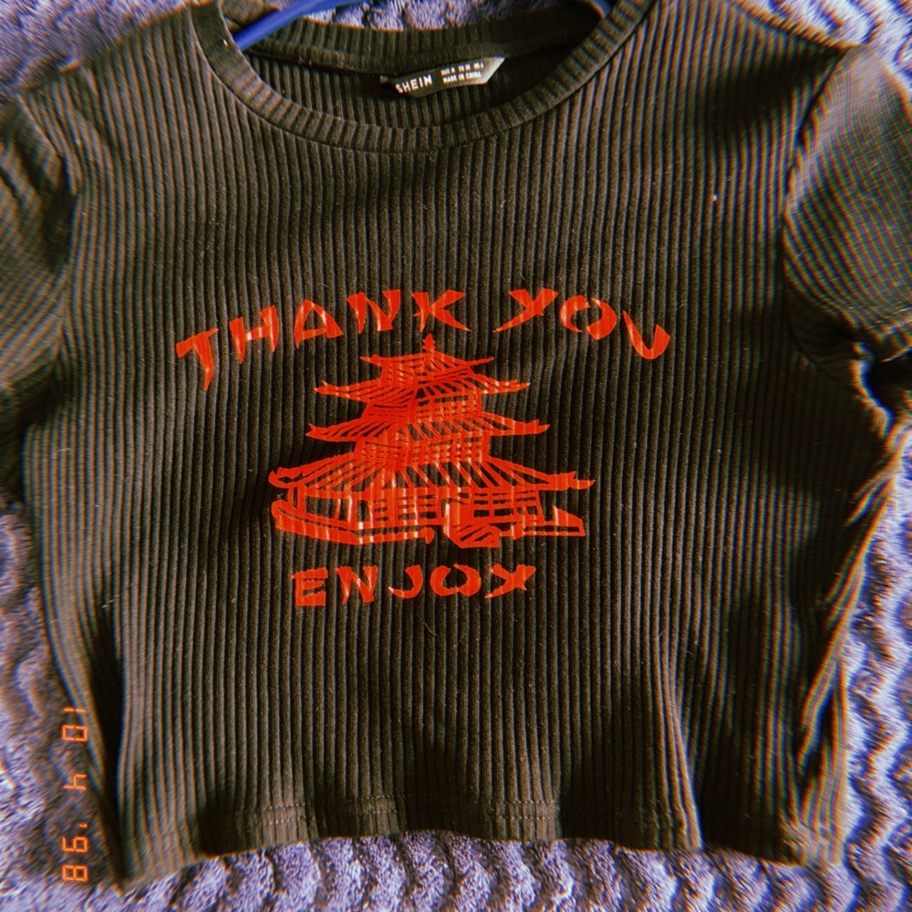Thank you black fitted crop shirt.